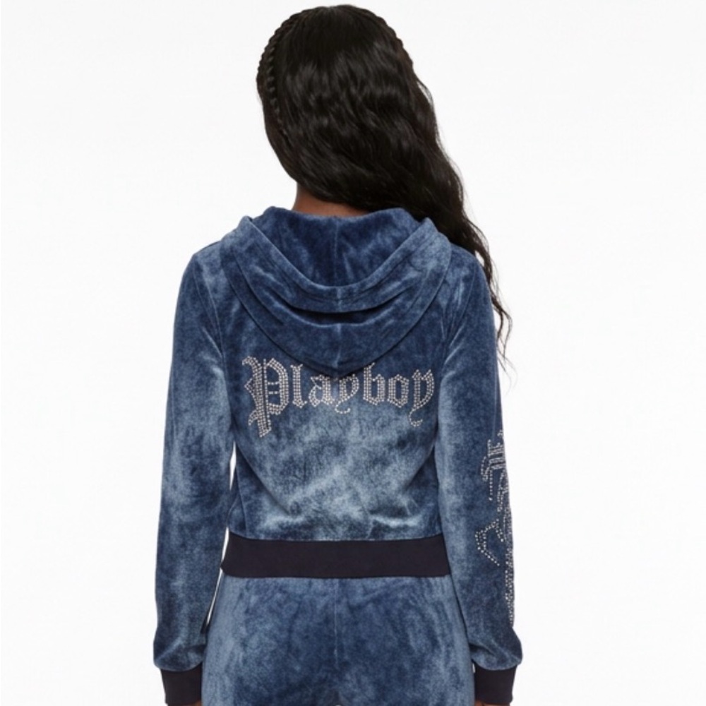 PLAYBOY Navy Velour Crystal Logo Zip Hoodie - Picture 3 of 4